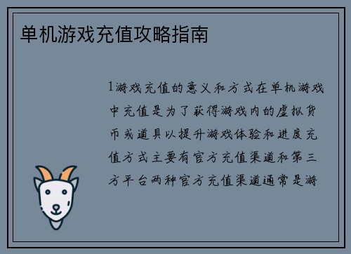 单机游戏充值攻略指南