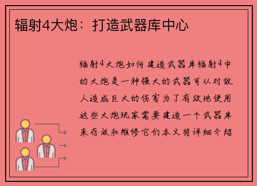 辐射4大炮：打造武器库中心